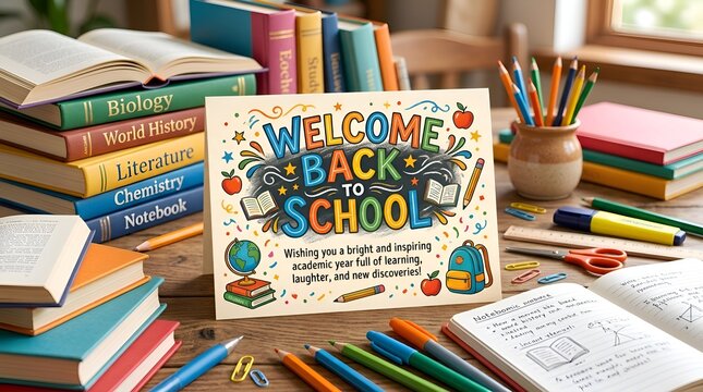 Welcome Back to School. Stack of Books, Supplies, and Stationery on a Wooden Desk.