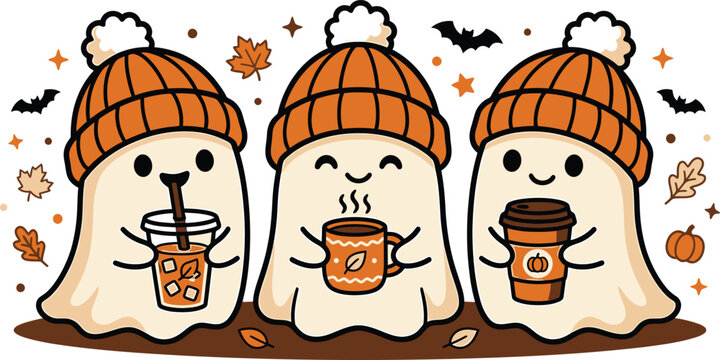 Cute halloween ghost shirt design with autumn drinks perfect for fall spooky season apparel