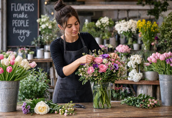 Fototapeta premium Professional female florist arranging a colorful flower bouquet in a rustic flower shop interior