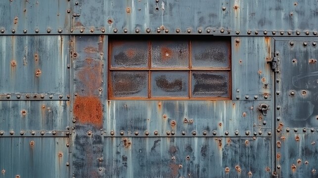 Rusted metal wall with small window.