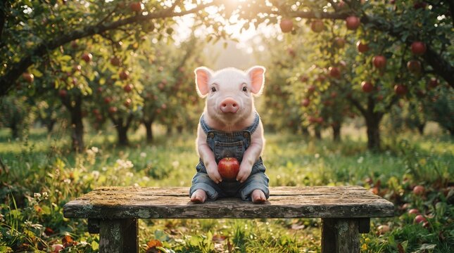 Cute little piglet wearing denim overalls sitting on a rustic wooden bench in a sunny apple orchard holding a red apple