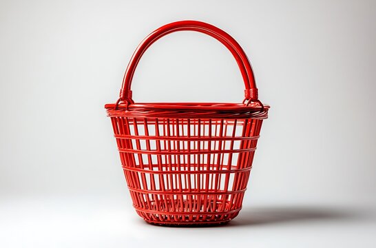 Red plastic basket with handle, empty and centered on white background, red basket empty basket