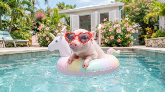Cute baby piglet wearing red heart sunglasses floating on a unicorn pool float in a tropical backyard swimming pool