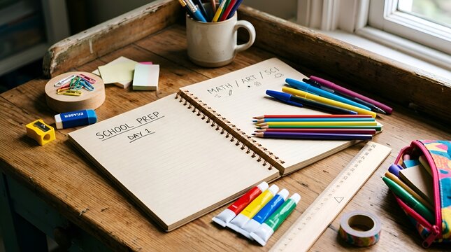 School Supplies Desk Arrangement: Notebooks, Pencils, Ruler, Art Materials