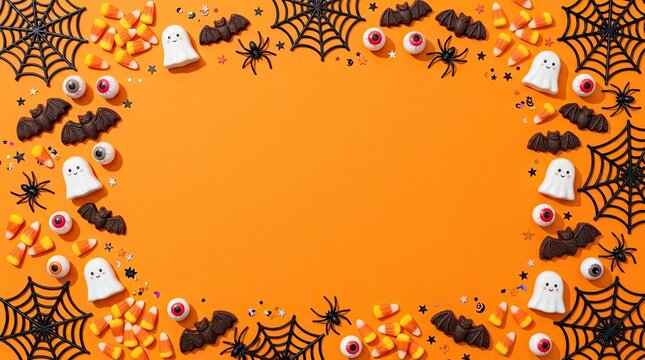 Festive halloween decorations spooky eyeballs ghosts bats and candy corn on orange background