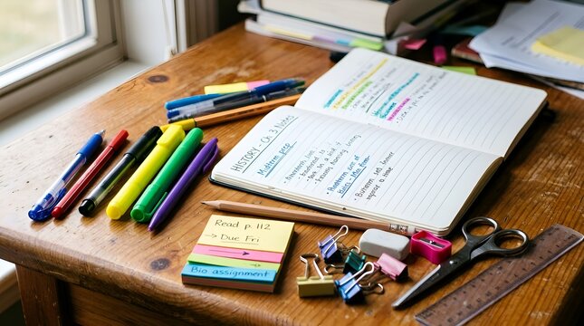 School Supplies on Desk: Notebook, Pens, Markers, Scissors, Ruler, Clips, Eraser