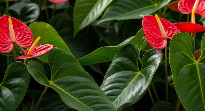 Close up of vibrant red anthurium flowers with bright yellow spadix among lush green leaves in tropical garden.