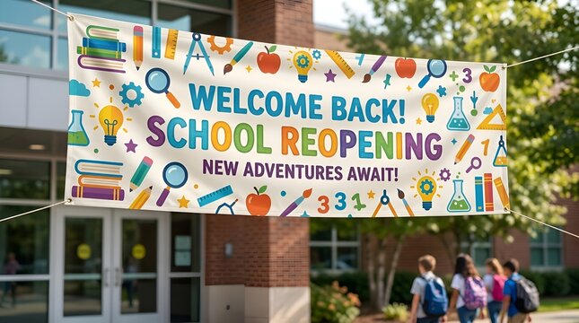 Welcome Back to School Banner: Reopening, New Adventures, Students, Education Theme