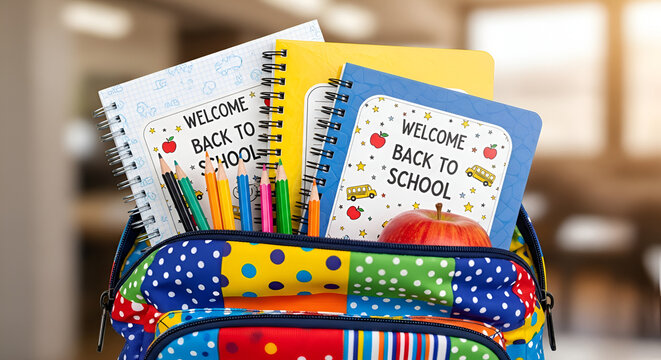 Vibrant backpack filled with school supplies, apple, and notebooks on blurred background