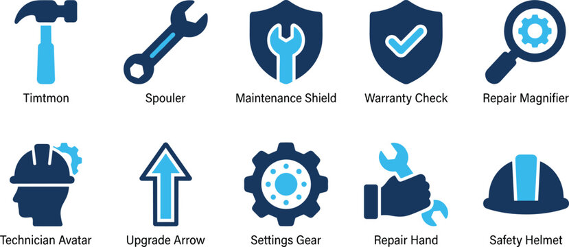 Repair and maintenance icons with tools, safety equipment, and service symbols for technical support.