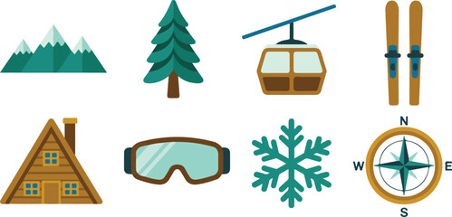 Winter sport and mountain activity elements including ski chalet mountain range cable car goggles snowflake and compass navigation. © Kamrun82