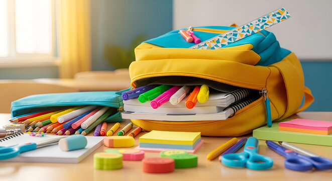 School Supplies Backpack Open With Pencils, Crayons & Notebooks