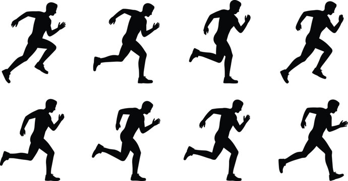 Sprinting man silhouette vector set featuring male athlete running motion sequence poses isolated on white background