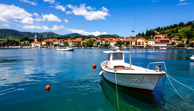 Small white fishing boat anchored in clear turquoise sea water near a picturesque European seaside village.