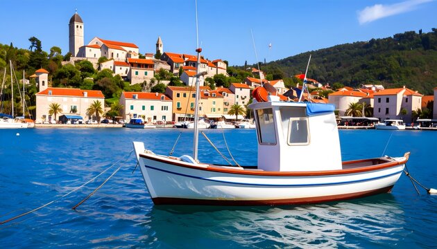 Traditional fishing boat floating on calm blue sea water with a coastal Mediterranean town background.
