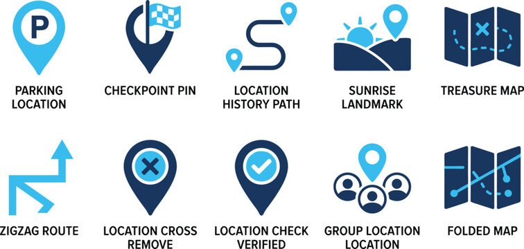 Set of map and location icons, navigation and travel symbols on transparent background.