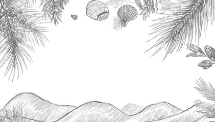 A serene sketch of rolling hills beneath a canopy of pine branches and delicate seashells, evoking a peaceful natural landscape. © Teko