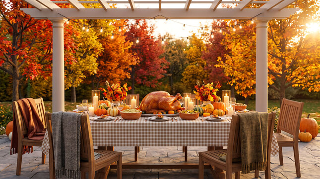 Festive thanksgiving traditional food feast outdoor dining with roasted turkey and autumn decor