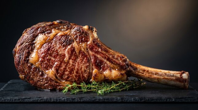 Roasted tomahawk steak with bone in served on black slate with fresh thyme sprigs against dark background highlighting marbled beef texture and perfect browning.