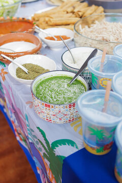 Mexican green sauce made with hot chili, spicy food in Mexican feast with Homemade food on table in Mexico Latin America