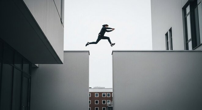 Athletic person bravely leaping across a wide gap between urban buildings against a bright sky