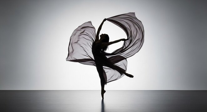 Elegant Dancer Silhouette in Mid-Leap with Flowing Fabric, Showcasing Graceful Movement