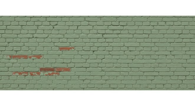 Faded sage green painted brick wall with patches of exposed red brick showing texture and weathered facade for architectural background.