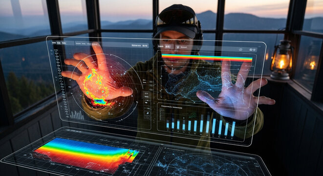 Future tech holographic data visualization hands