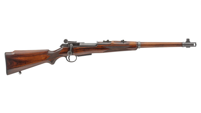 Wooden rifle with scope and bayonet mount on white background precision accuracy shooting equipment accessory mechanism ammunition
