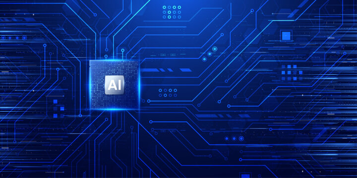 Artificial intelligence AI microprocessor on blue circuit board with glowing data paths background.