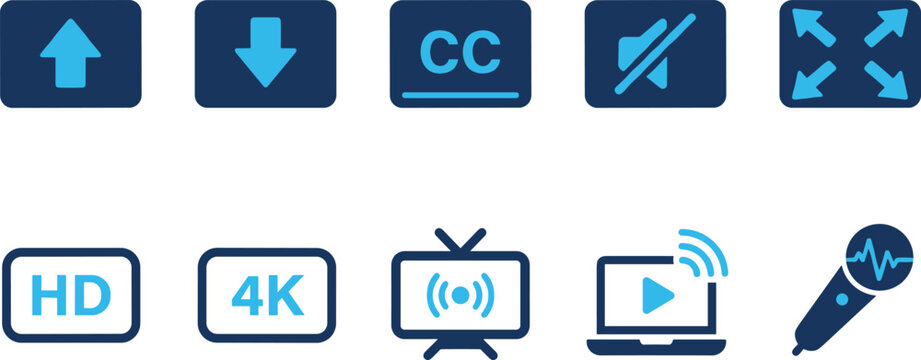 Video player interface icons featuring upload download closed captions volume settings and resolution tags.