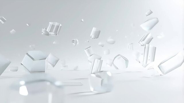 Geometric Fragmentation: An abstract composition featuring crystalline geometric shapes in varying sizes and orientations, suspended in a clean, ethereal space.
