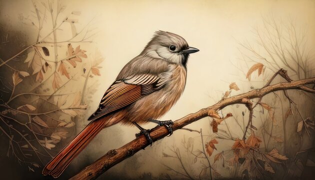 Artistic depiction of a bird perched on a branch.