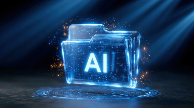 Futuristic holographic AI folder icon glowing in blue with digital particles and light beams evoking innovation and technology