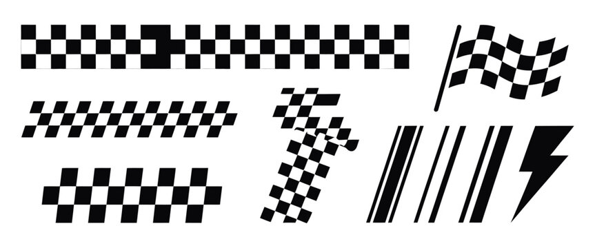 Checkered flag border featuring seamless racing grid, finish line stripe, rally banner, speed pattern, and black white vector illustration