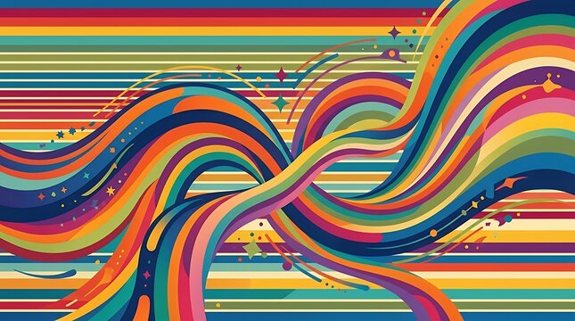 Vibrant vintage composition merging linear bands with fluid curvilinear paths old school graphic layout utilizing a multicolored spectrum to establish a whimsical and high spirit rhythmic layout 