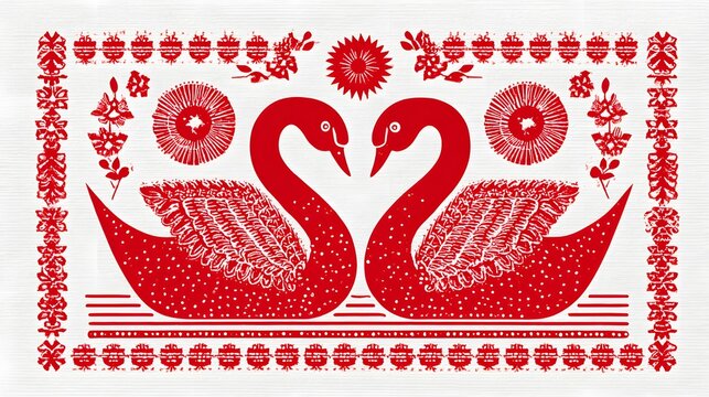 Red folk art paper cutting design with two symmetrical swans facing each other within an ornate border framework.