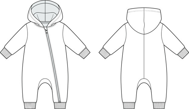 Baby hooded romper onesie with asymmetrical zipper technical flat fashion sketch front and back vector illustration