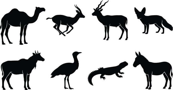 Desert Animals Silhouette Set with Camel Antelope Fennec Fox Lizard and Wild Donkey