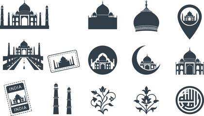 Taj Mahal Landmark Icon Collection with Indian Monument Silhouettes, Mughal Architecture, Travel Symbols, Decorative Elements, and Tourism Vector Set © Minara