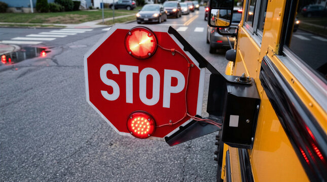 School Bus Stop Sign with Flashing Lights in Urban Street