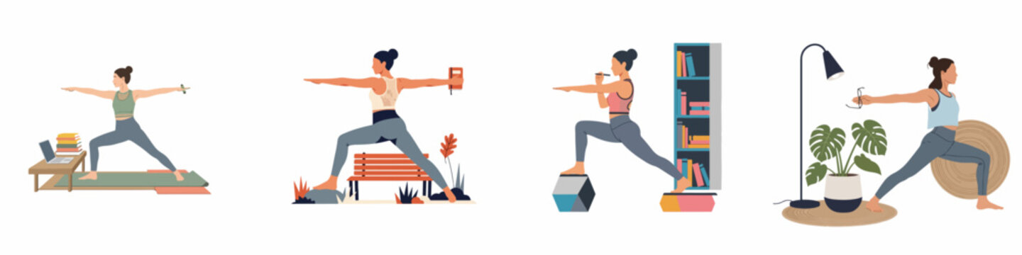 Set of four illustrations showing a woman multitasking by practicing yoga while studying, reading, and working in various indoor and outdoor settings.