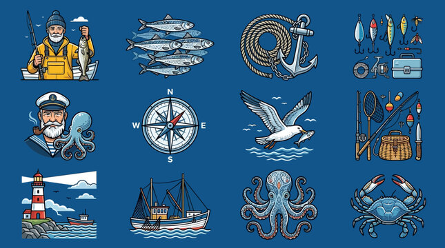 Nautical and fishing vector icons set with ocean wildlife captain boat lighthouse and anchor