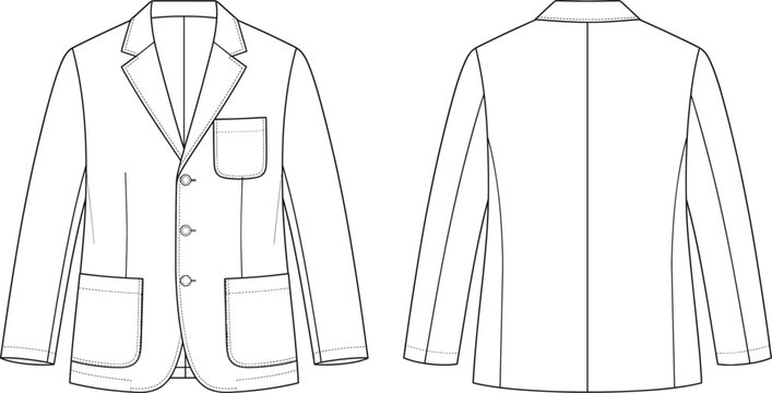 Men casual blazer jacket with notch lapels and three button front technical flat fashion sketch vector illustration template