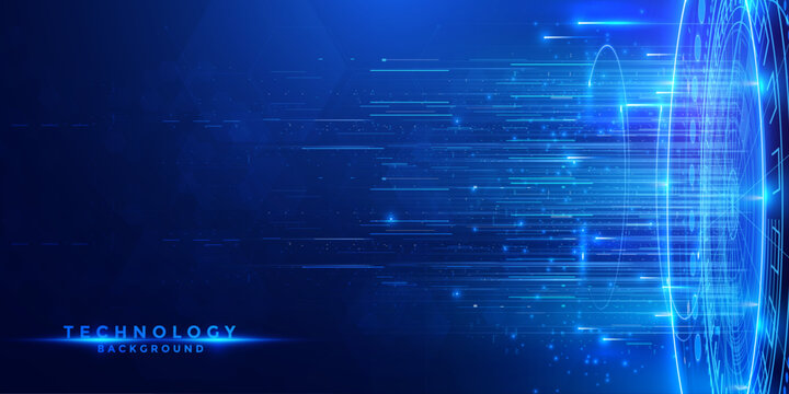 Futuristic technology background with digital data stream and circular interface.