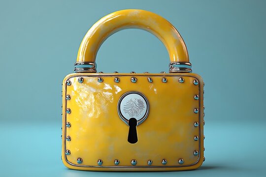 Yellow purse with metal studs and combination lock, handle up, on blue background