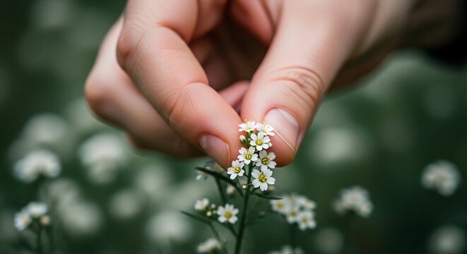 Close-up of a gentle hand delicately picking tiny white wildflowers from a lush green garden in spring