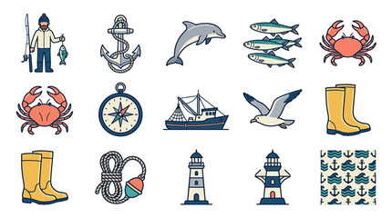 Obraz premium Nautical and Fishing Line Icon Set with Fisherman Lighthouse and Marine Life Icons