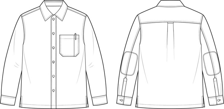 Men long sleeve button down shirt with chest pocket and elbow patches technical flat fashion sketch vector template