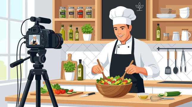 A male chef wearing a white uniform and apron tosses a fresh salad in a wooden bowl while recording a culinary demonstration in a bright kitchen.